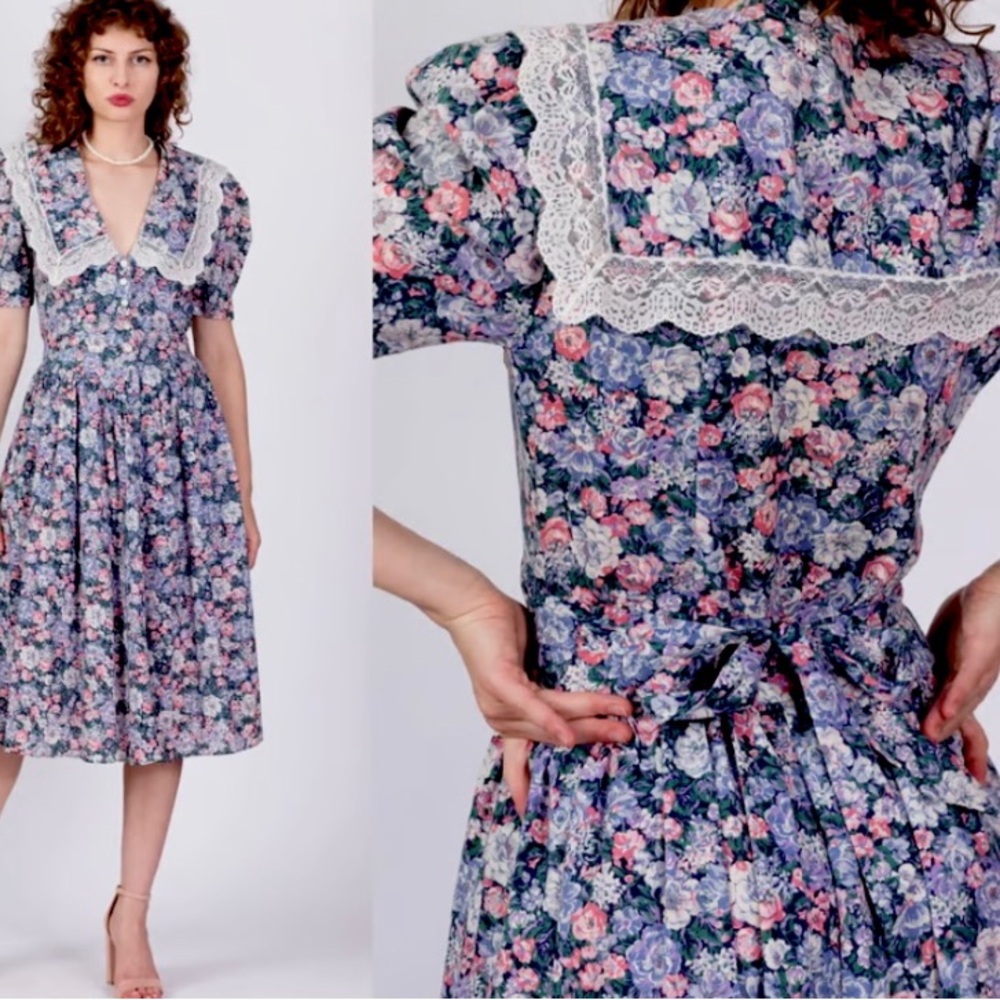 Vintage 80s Floral Lace-Trim Midi Dress Women Size 14 Purple Pink Cottagecore
